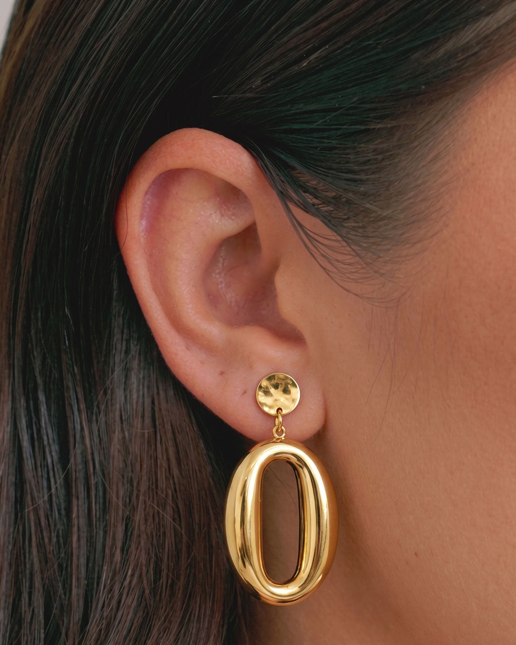 Bold Open Oval Drop Stud Waterproof Gold Earrings