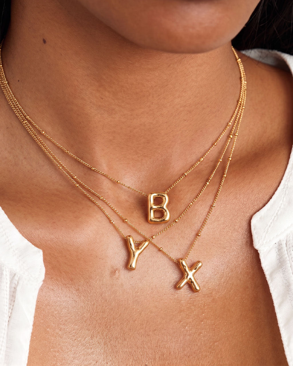 Bubble Initial Beaded Chain Waterproof Gold Necklace