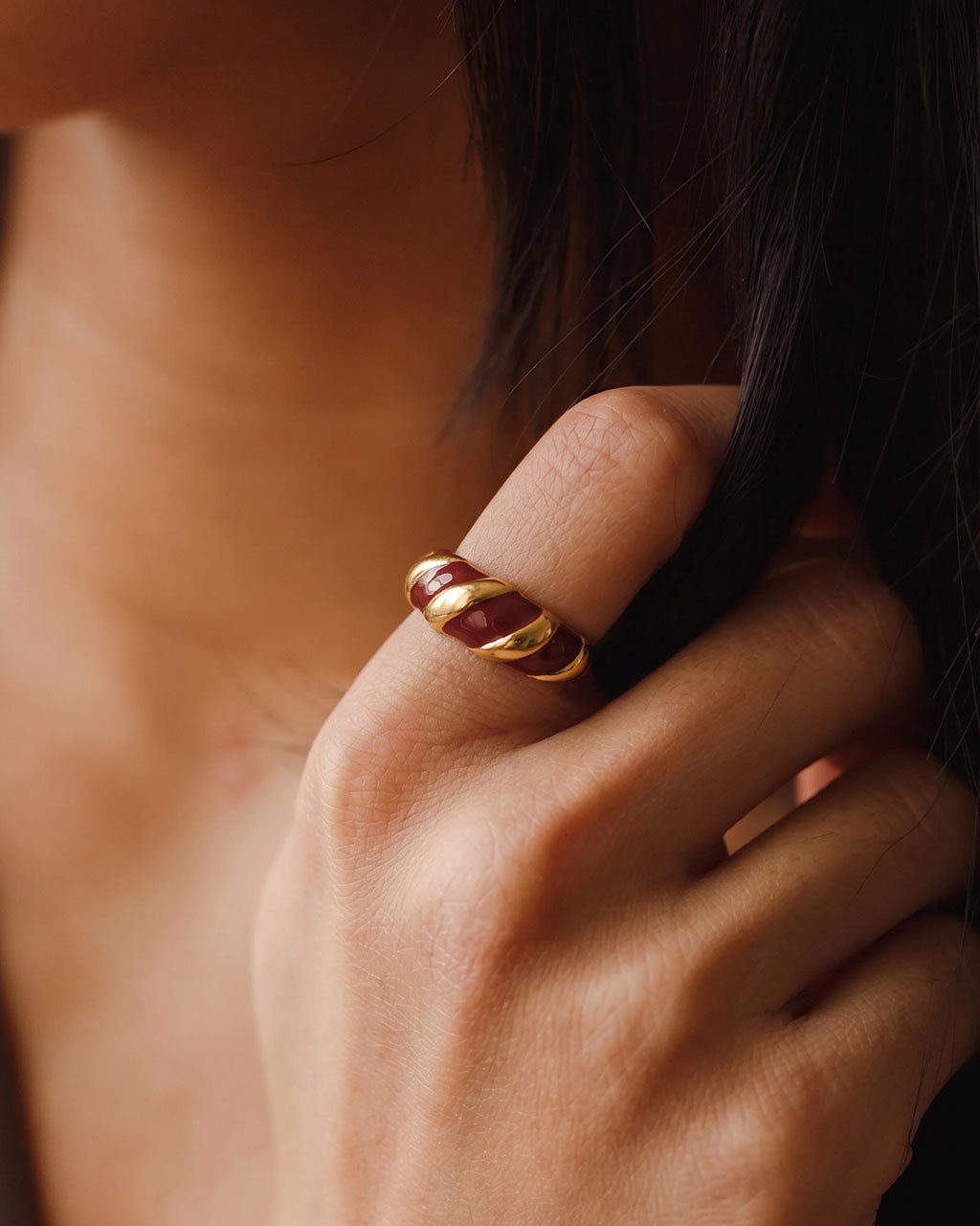 Burgundy Enamel Ribbed Dome Waterproof Gold Ring