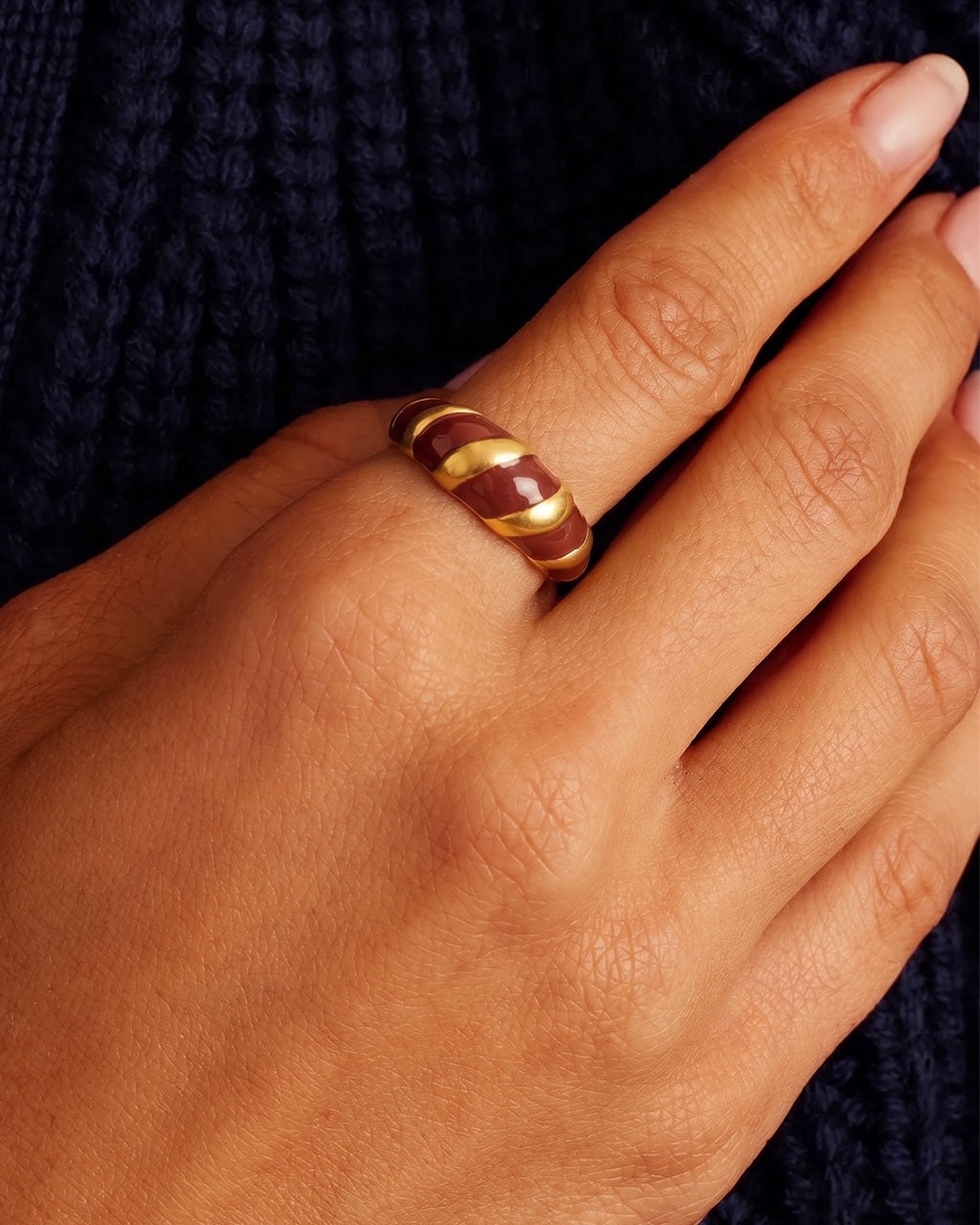 Burgundy Enamel Ribbed Dome Waterproof Gold Ring