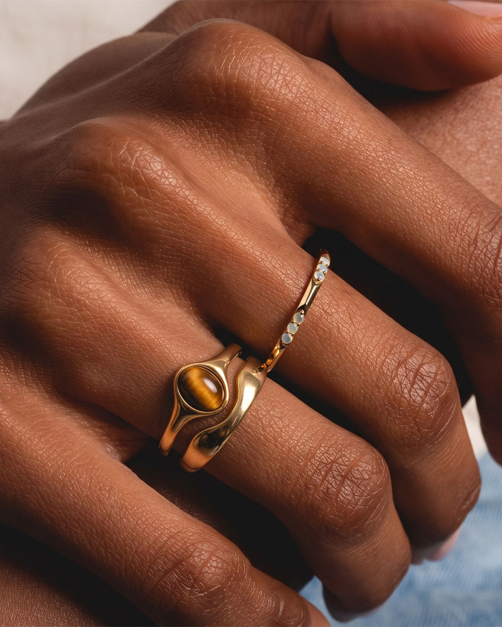 Cabochon Double Band Illusion Waterproof Gold Ring
