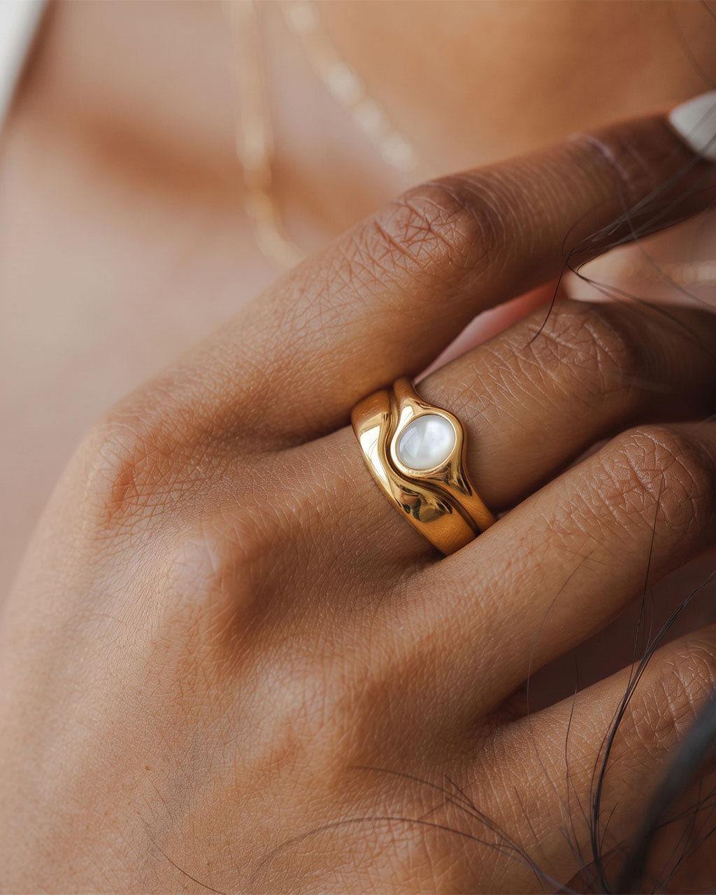 Cabochon Double Band Illusion Waterproof Gold Ring