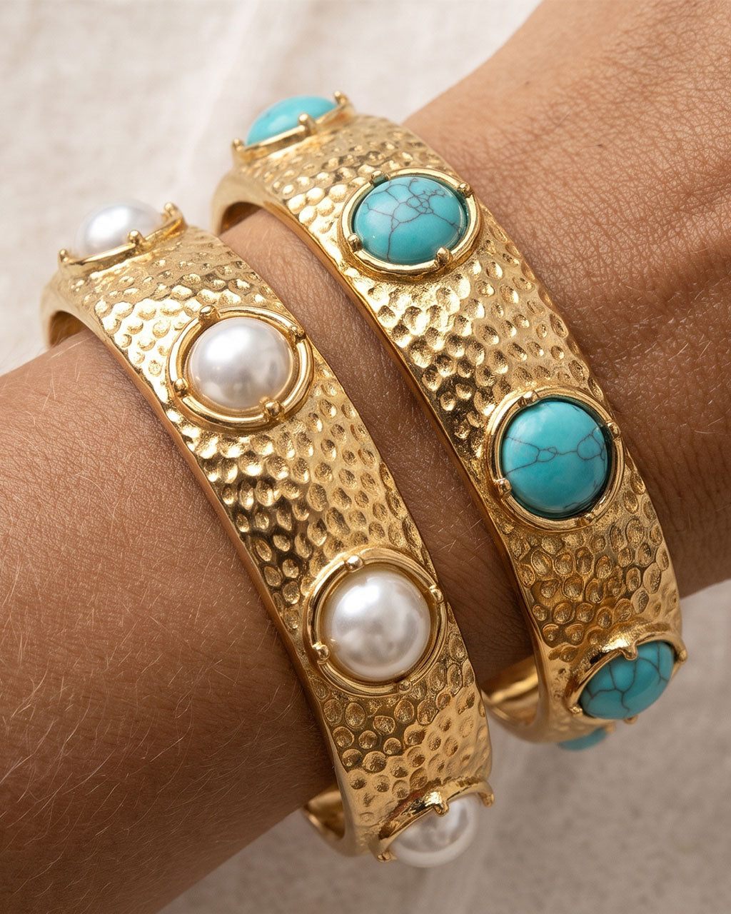 Cabochon Hammered Statement Cuff Waterproof Gold Bangle