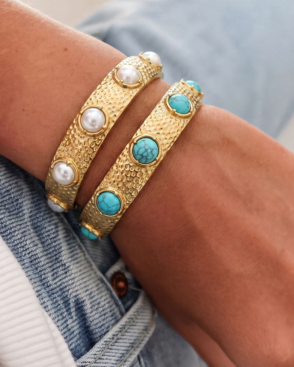 Cabochon Hammered Statement Cuff Waterproof Gold Bangle