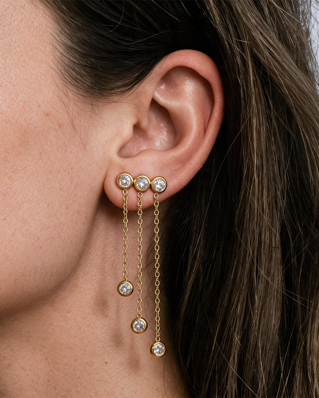 Cascading Bezel Stone Chain Waterproof Gold Earrings