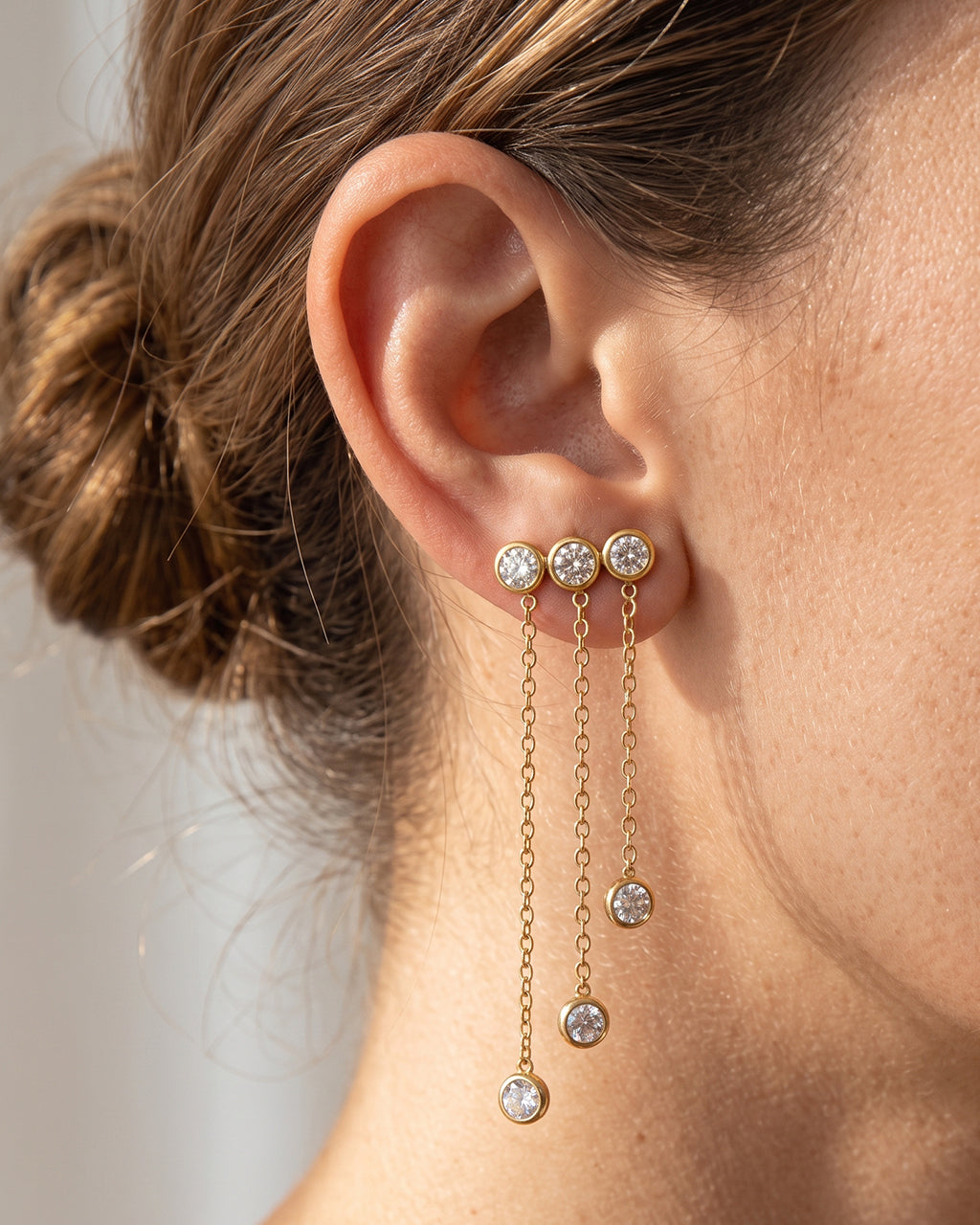Cascading Bezel Stone Chain Waterproof Gold Earrings
