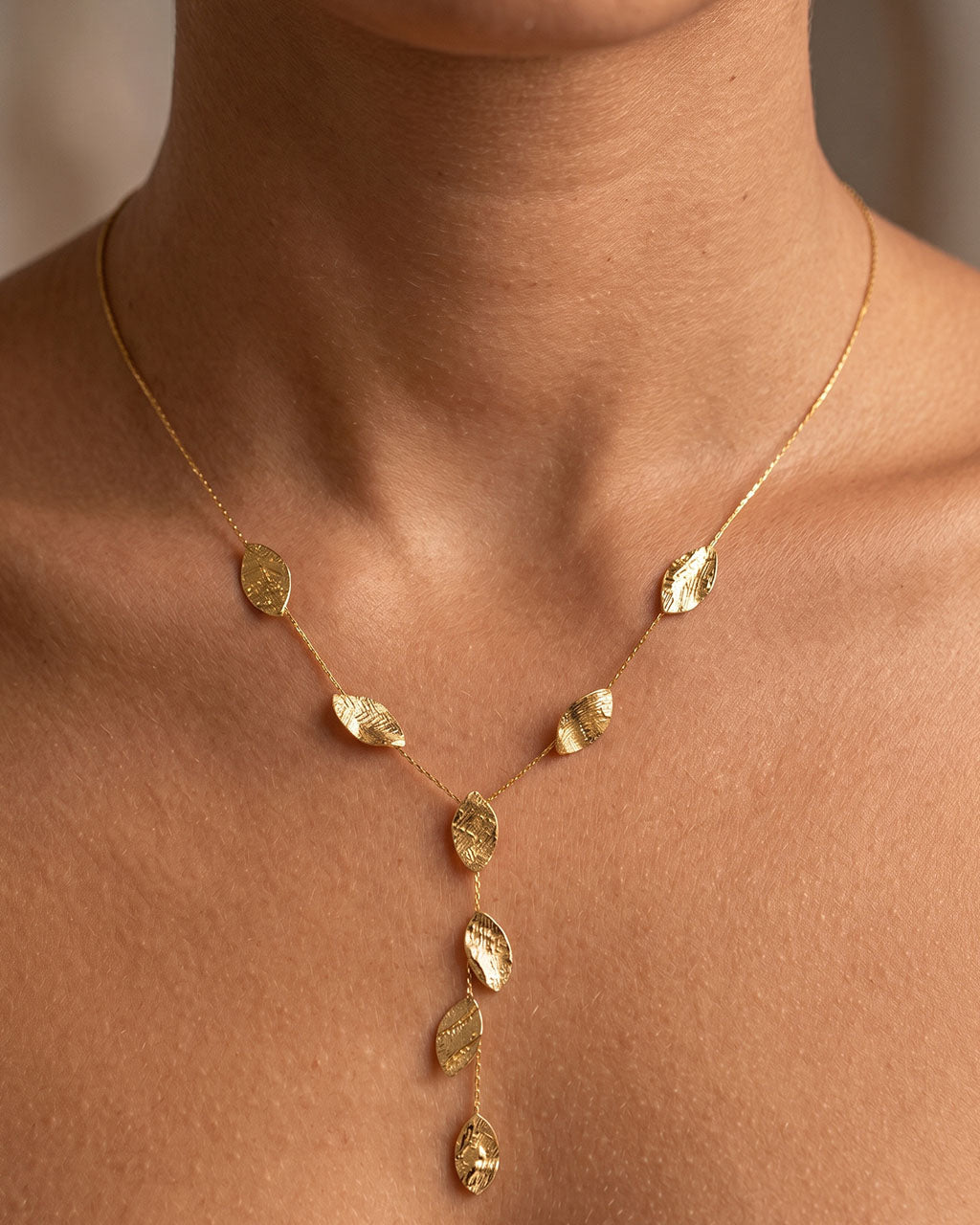 Cascading Leaf Drop Y Lariat Waterproof Gold Necklace