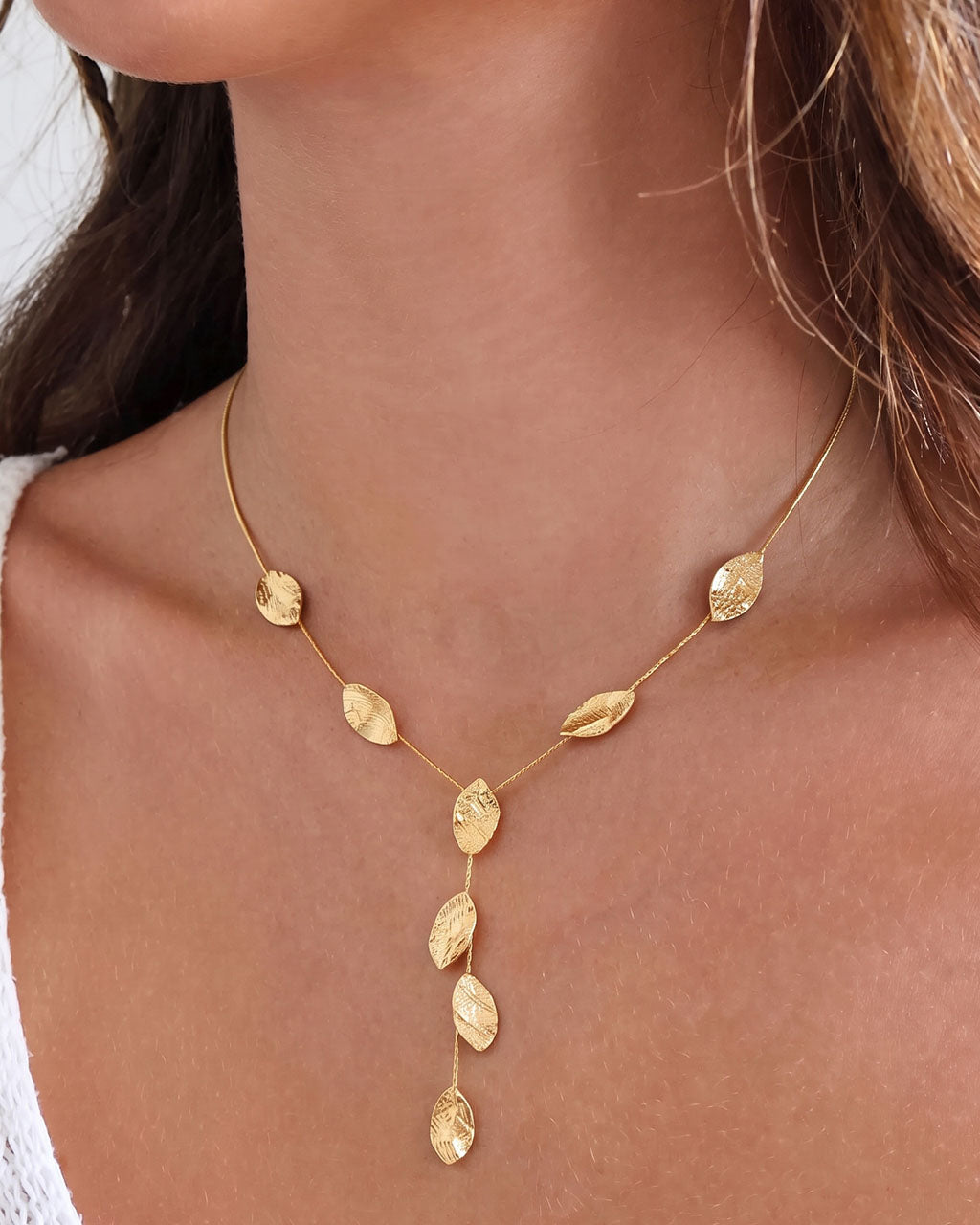 Cascading Leaf Drop Y Lariat Waterproof Gold Necklace