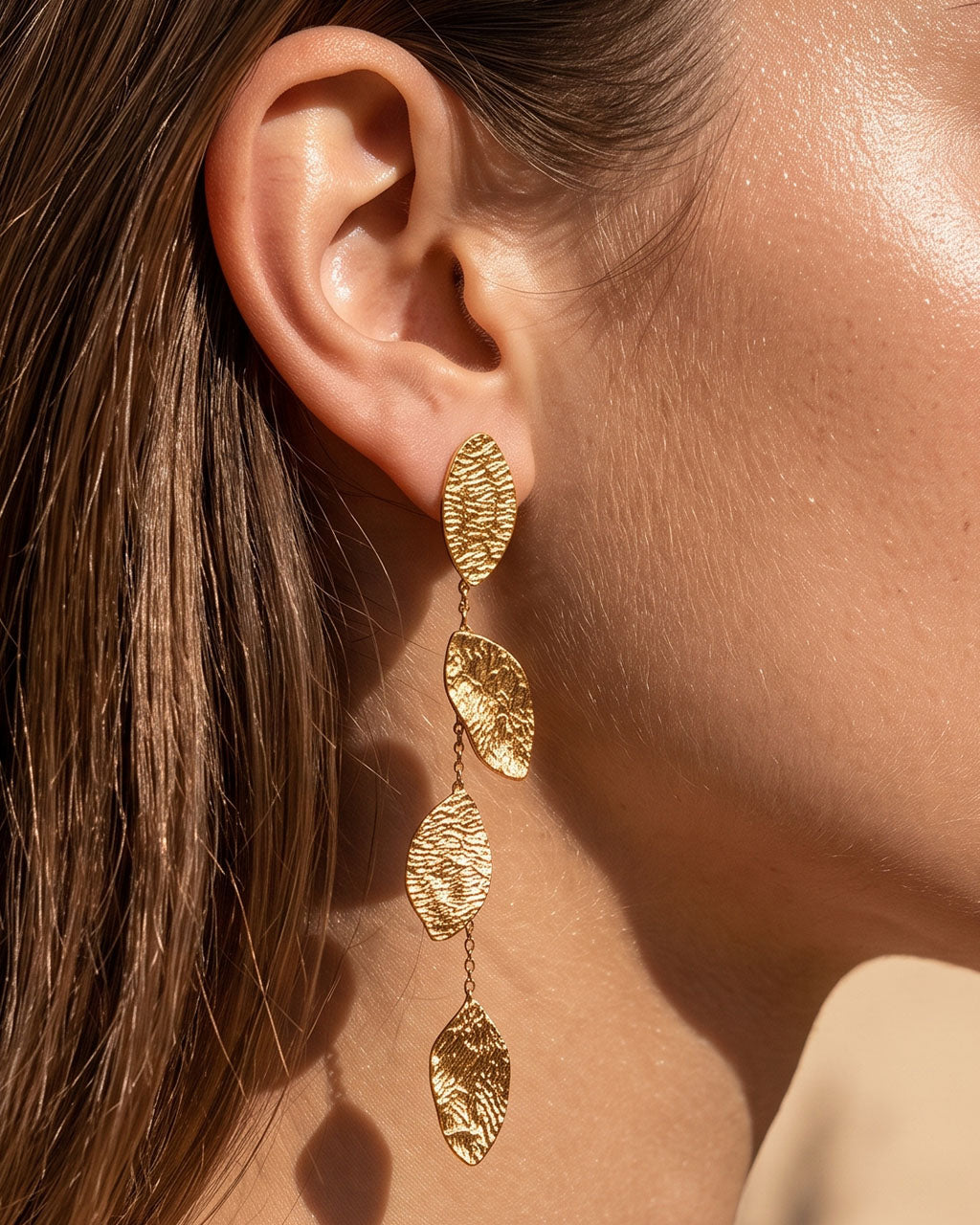 Cascading Leaf Linear Drop Waterproof Gold Earrings