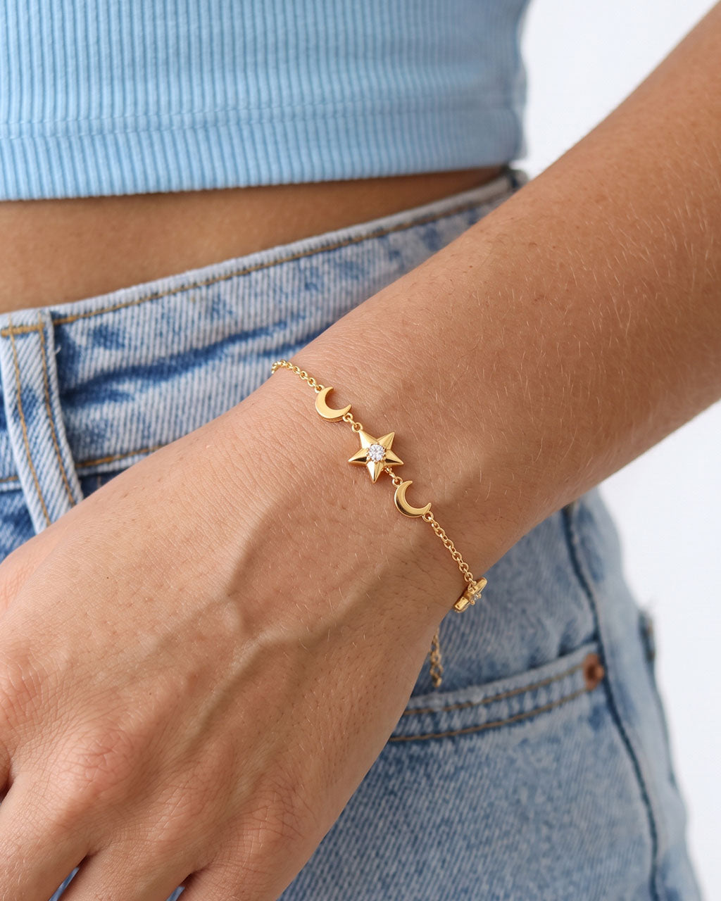 Celestial Moon & Star Sparkle Waterproof Gold Bracelet