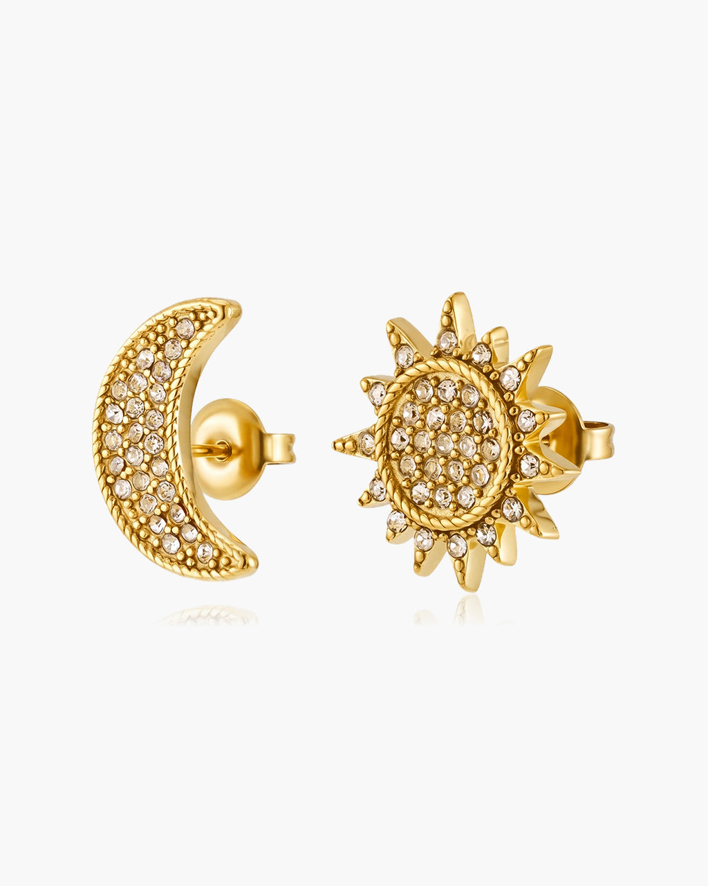 Celestial Pavé Sun Moon Stud Waterproof Gold Earrings