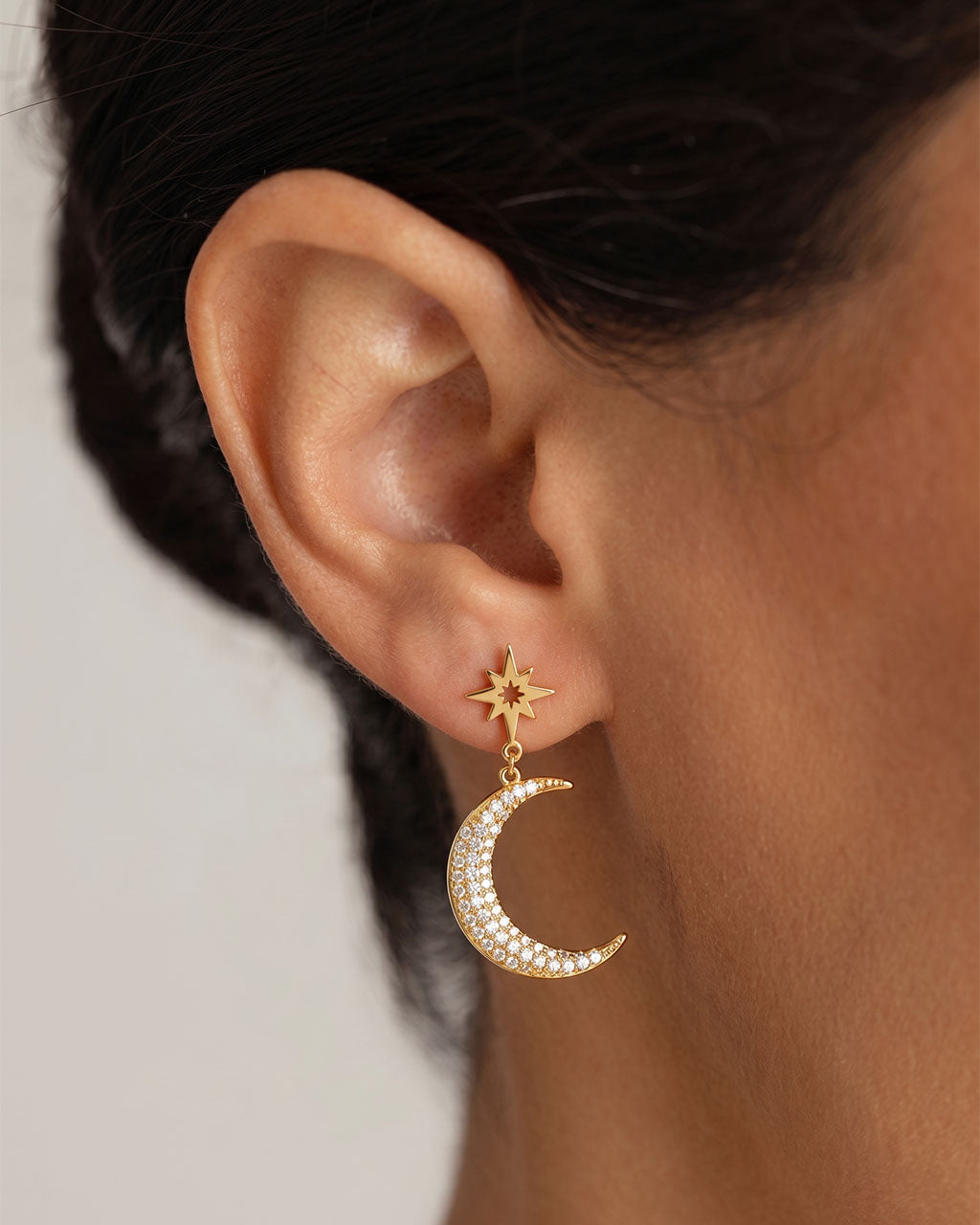 Celestial Star Pave Moon Drop Waterproof Gold Earrings