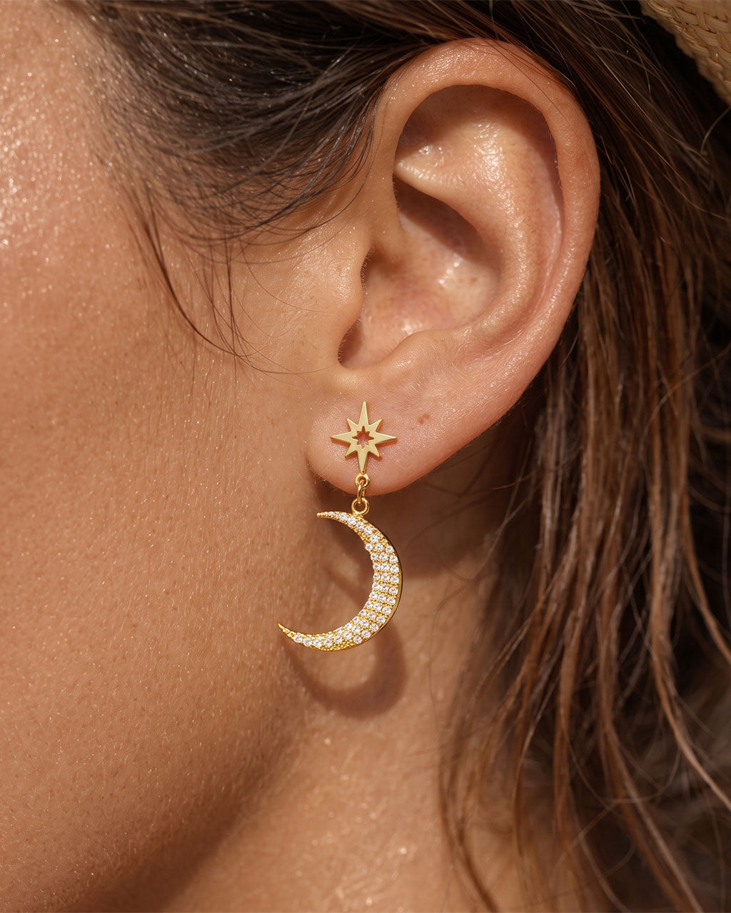 Celestial Star Pave Moon Drop Waterproof Gold Earrings