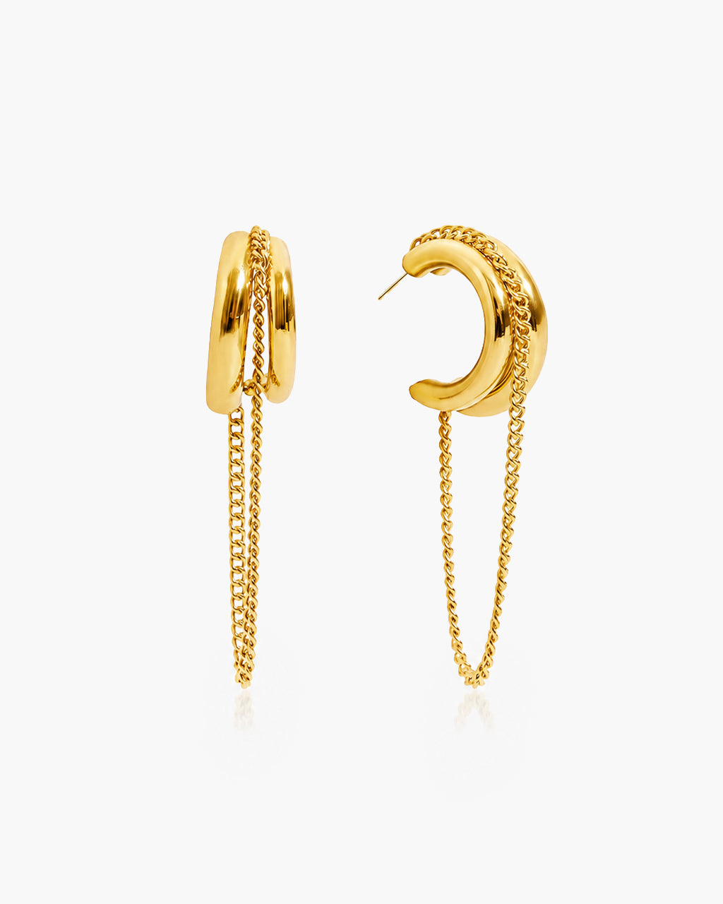 Chain Link Drop C Hoop Stud Waterproof Gold Earrings
