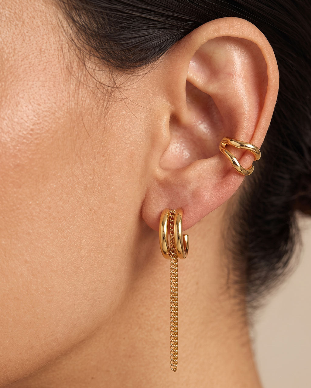 Chain Link Drop C Hoop Stud Waterproof Gold Earrings