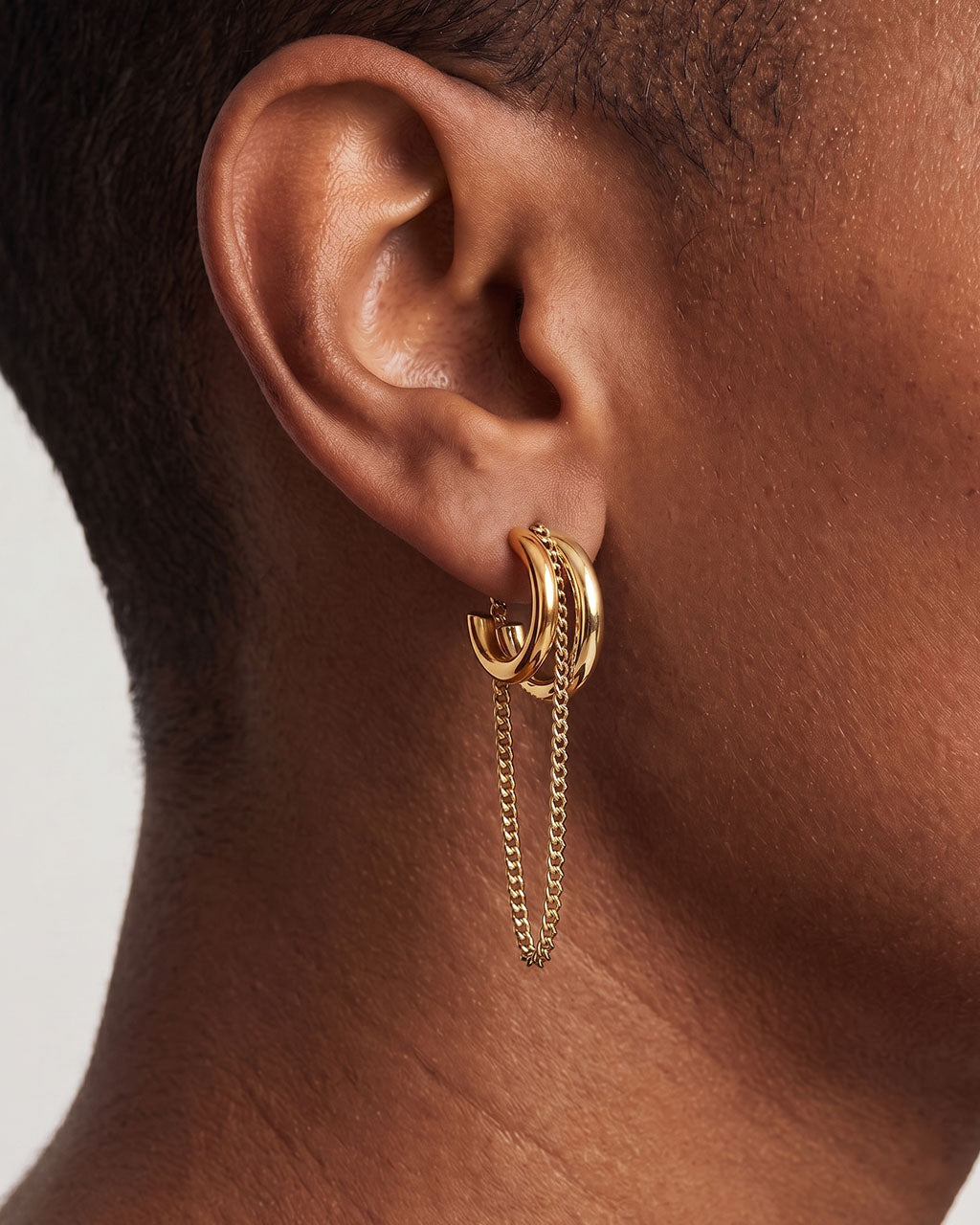 Chain Link Drop C Hoop Stud Waterproof Gold Earrings