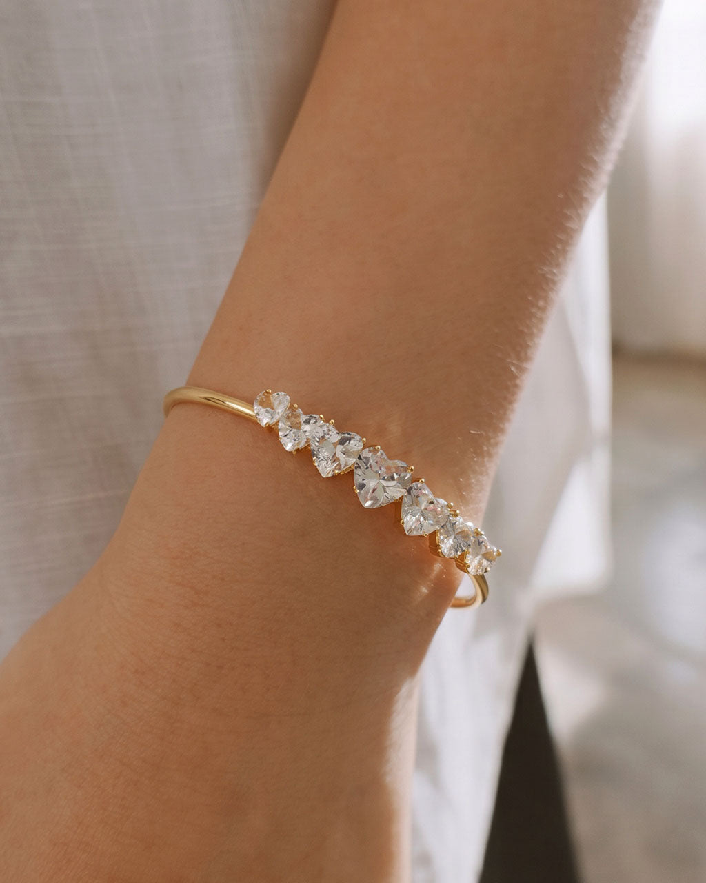 Chic Heart Cut Seven Stone Cuff Waterproof Gold Bangle