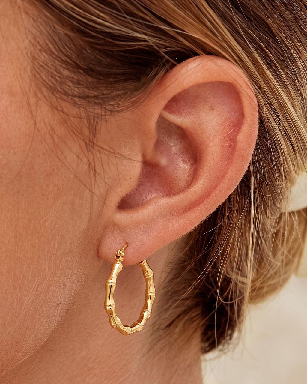 Chunky Bamboo Textured Hoop Waterproof Gold Earrings