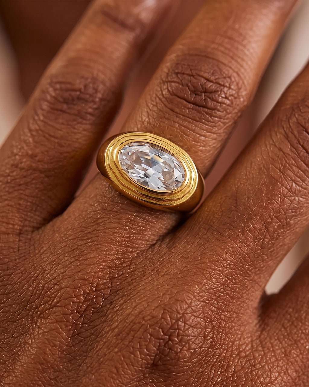 Chunky Bezel Solitaire Signet Waterproof Gold Ring