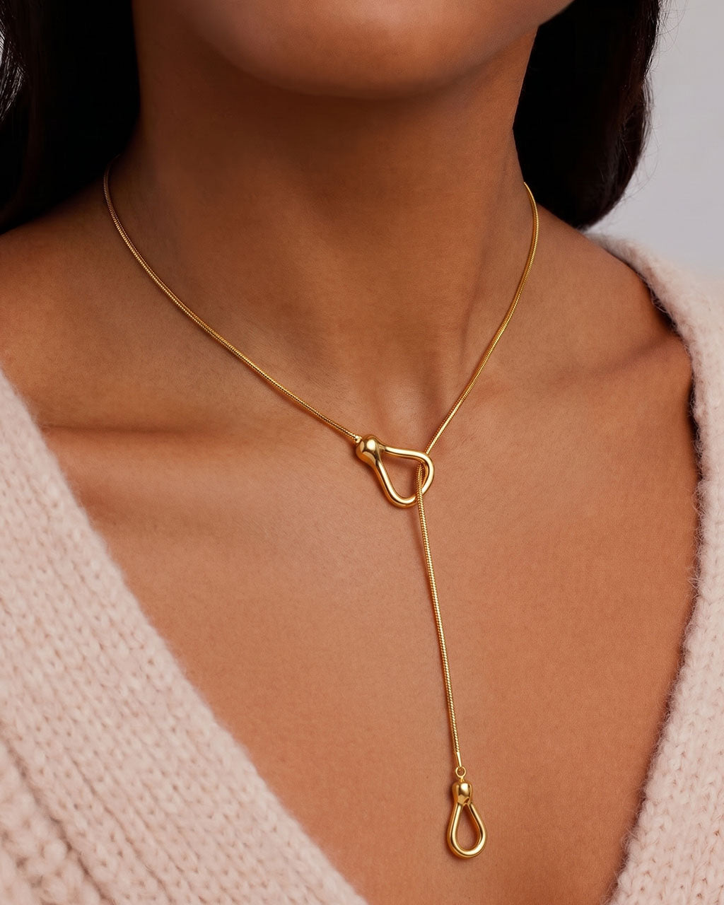 Chunky Double Teardrop Lariat Waterproof Gold Necklace
