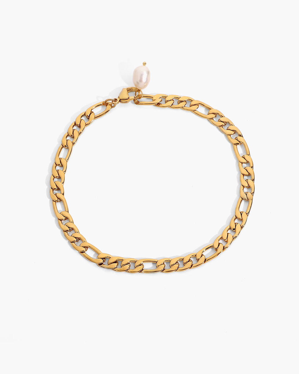 Chunky Figaro Chain Pearl Charm Waterproof Gold Anklet