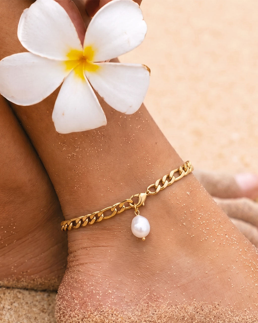 Chunky Figaro Chain Pearl Charm Waterproof Gold Anklet