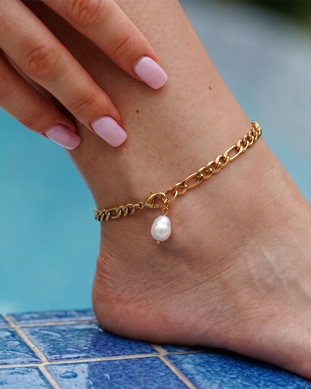 Chunky Figaro Chain Pearl Charm Waterproof Gold Anklet