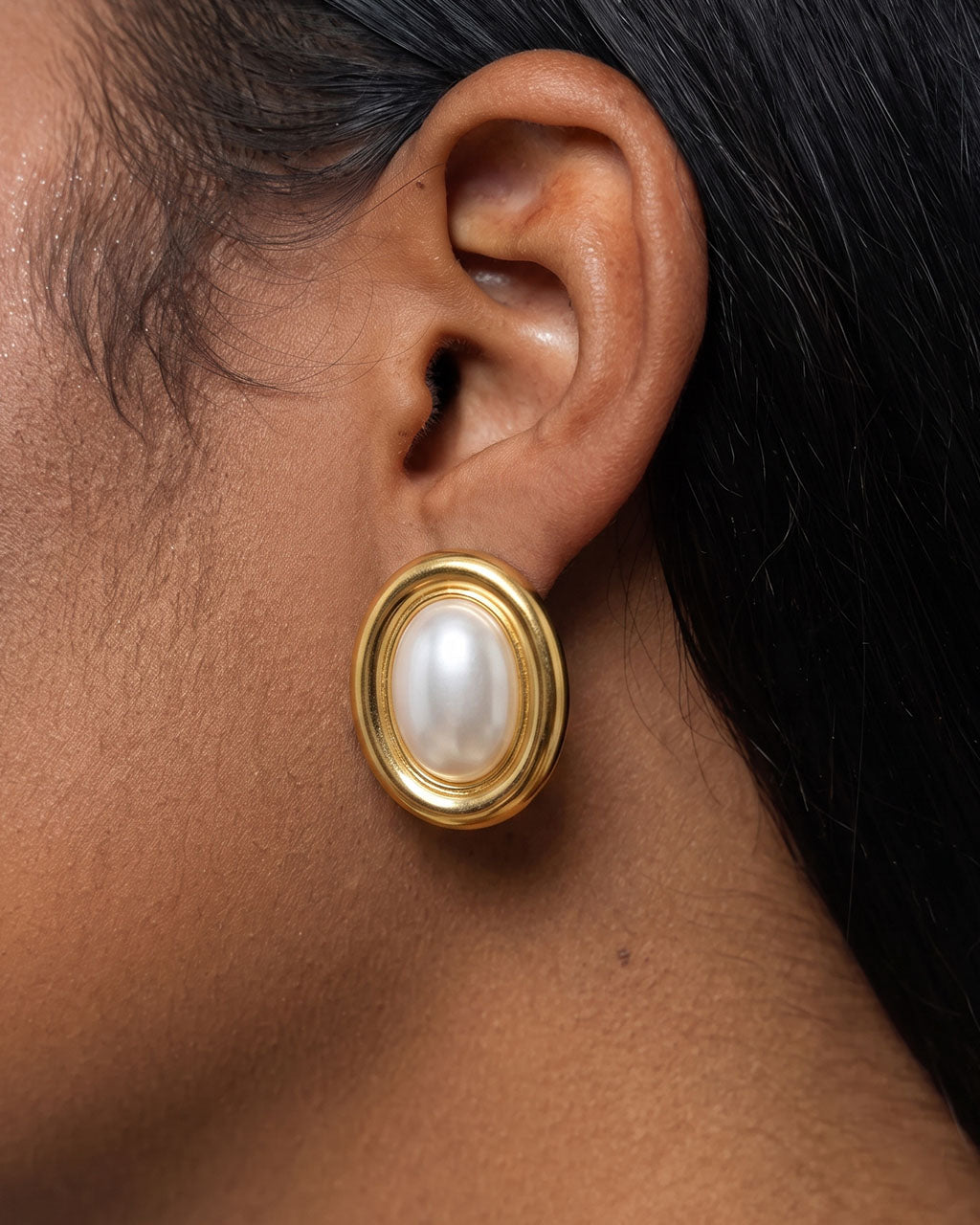 Chunky Framed Pearl Stud Waterproof Gold Earrings