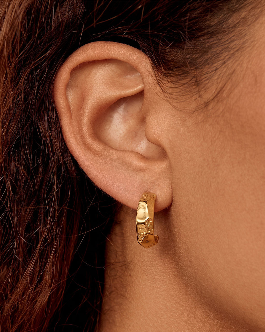 Chunky Hammered Open C Hoop Waterproof Gold Earrings