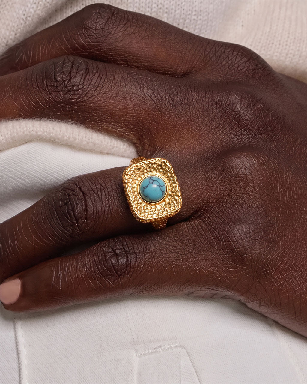 Chunky Hammered Turquoise Signet Waterproof Gold Ring