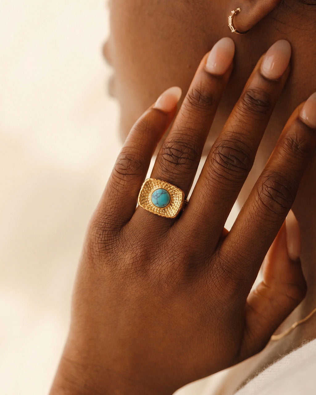 Chunky Hammered Turquoise Signet Waterproof Gold Ring
