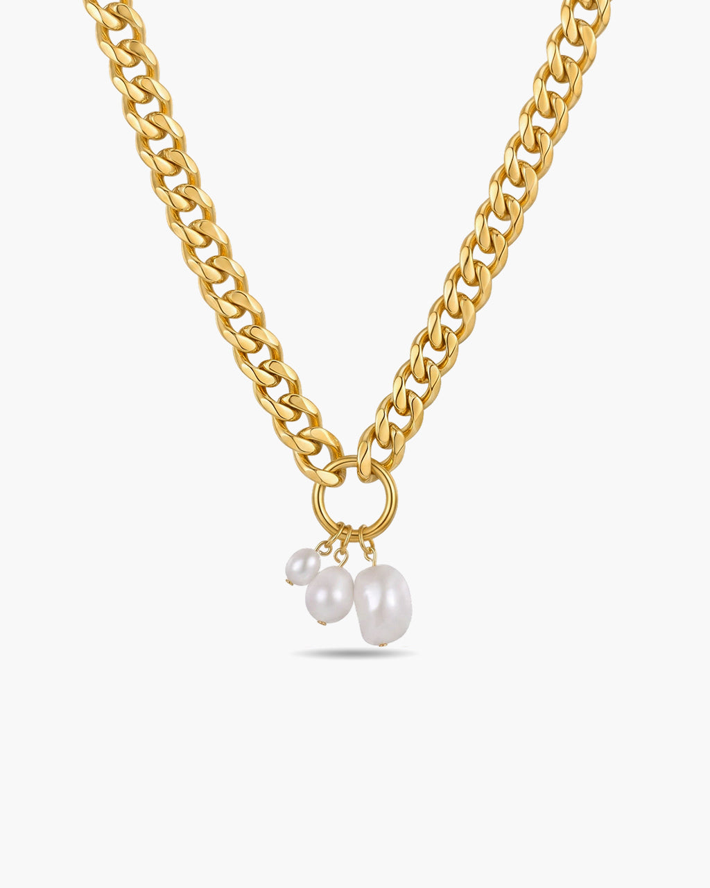 Chunky Pearl Charm Curb Chain Waterproof Gold Necklace