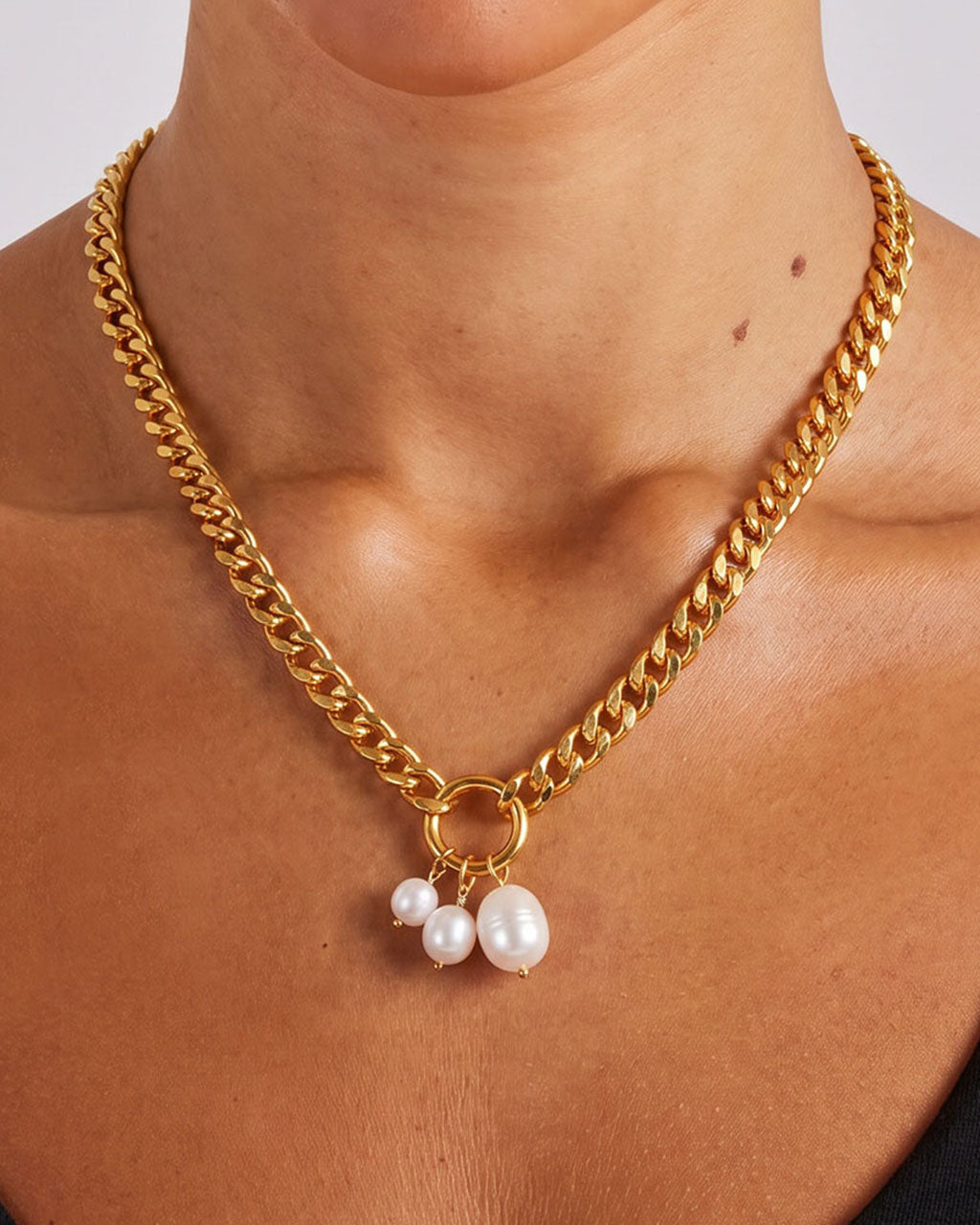 Chunky Pearl Charm Curb Chain Waterproof Gold Necklace