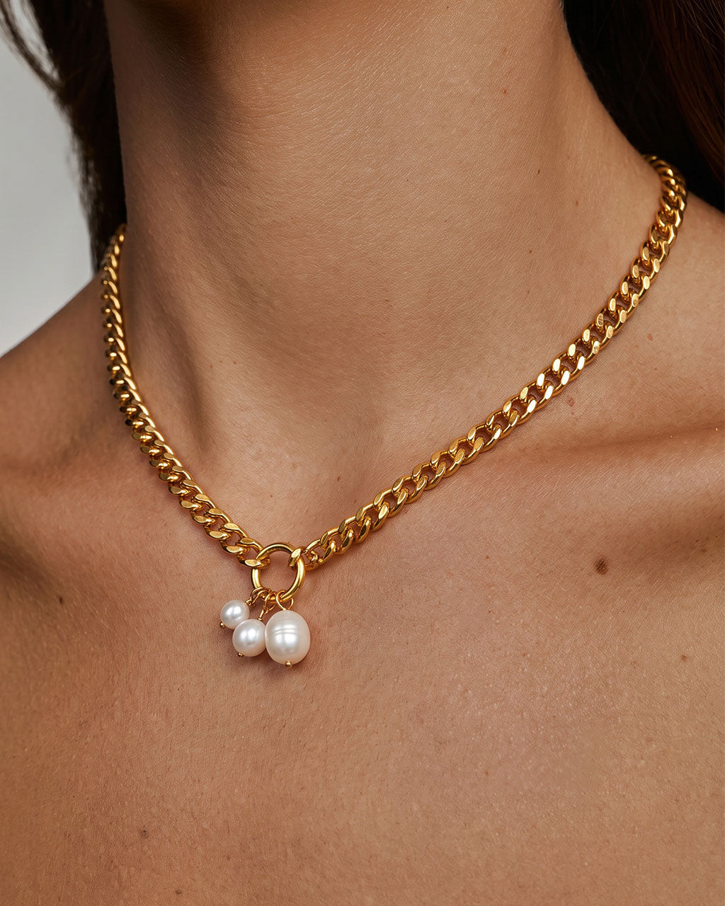 Chunky Pearl Charm Curb Chain Waterproof Gold Necklace