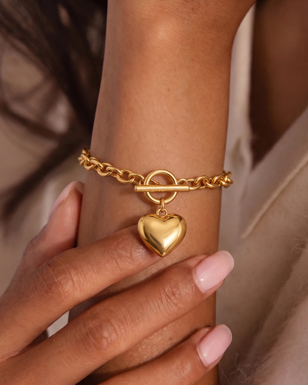 Chunky Puffy Heart Charm Waterproof Gold Bracelet