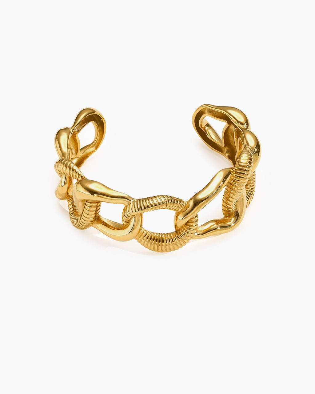 Chunky Ribbed Chain Link Cuff Waterproof Gold Bangle