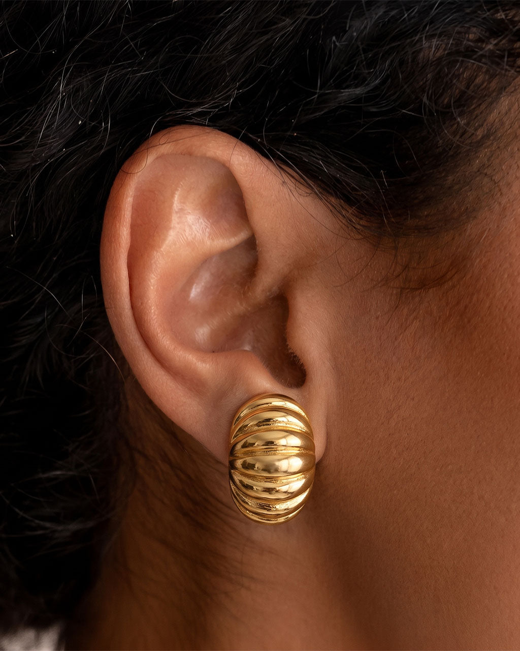 Chunky Ribbed Dome Stud Waterproof Gold Earrings