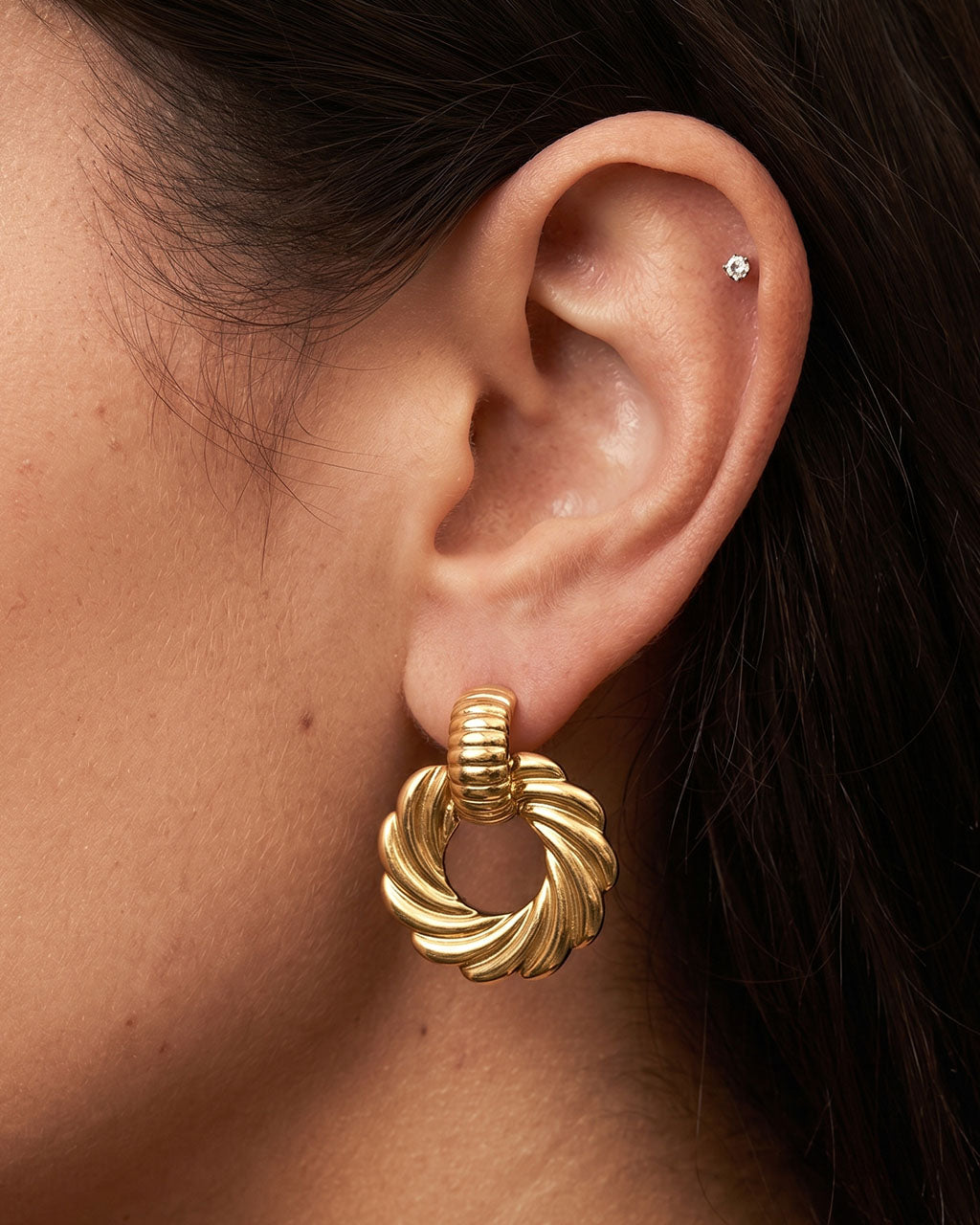 Chunky Ribbed Swirl Drop Stud Waterproof Gold Earrings