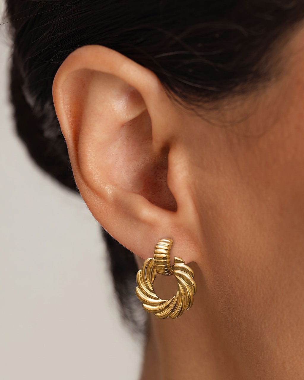 Chunky Ribbed Swirl Drop Stud Waterproof Gold Earrings
