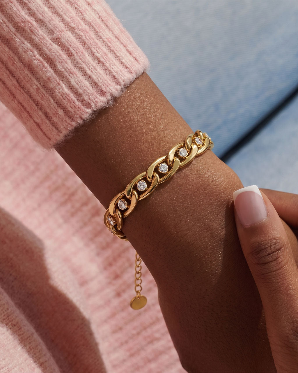 Chunky Stone Set Curb Chain Waterproof Gold Bracelet