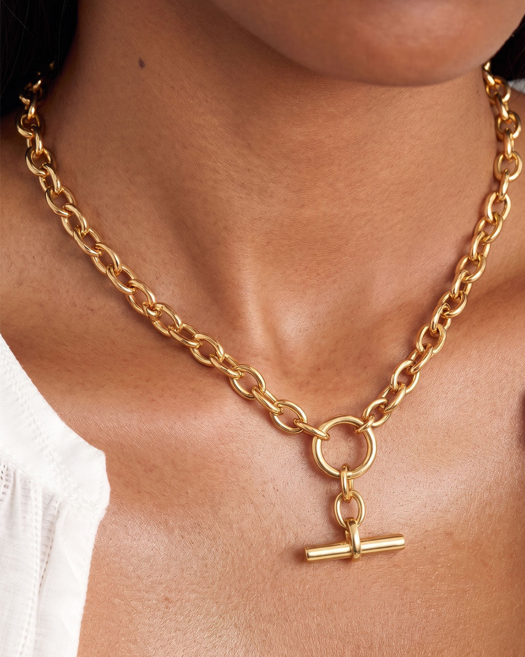 Chunky T Bar Charm Link Chain Waterproof Gold Necklace