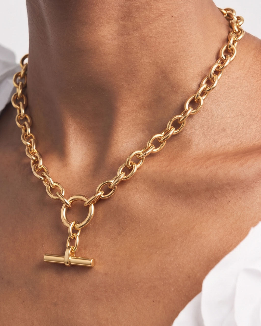 Chunky T Bar Charm Link Chain Waterproof Gold Necklace