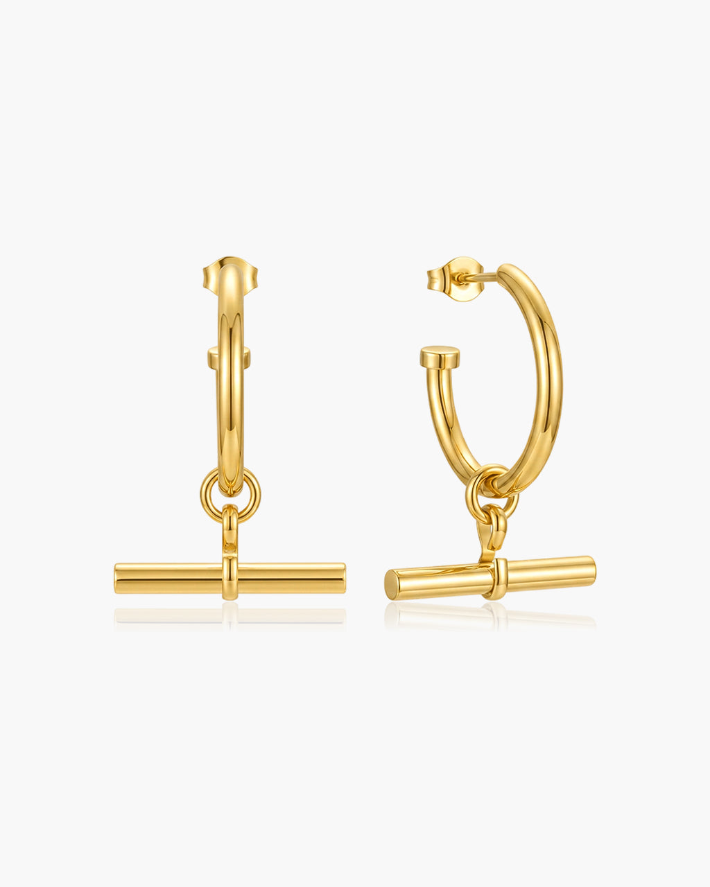 Chunky T Bar Drop Open Hoop Waterproof Gold Earrings