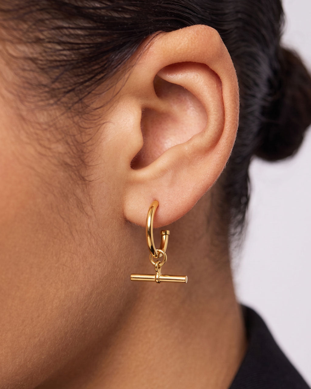 Chunky T Bar Drop Open Hoop Waterproof Gold Earrings