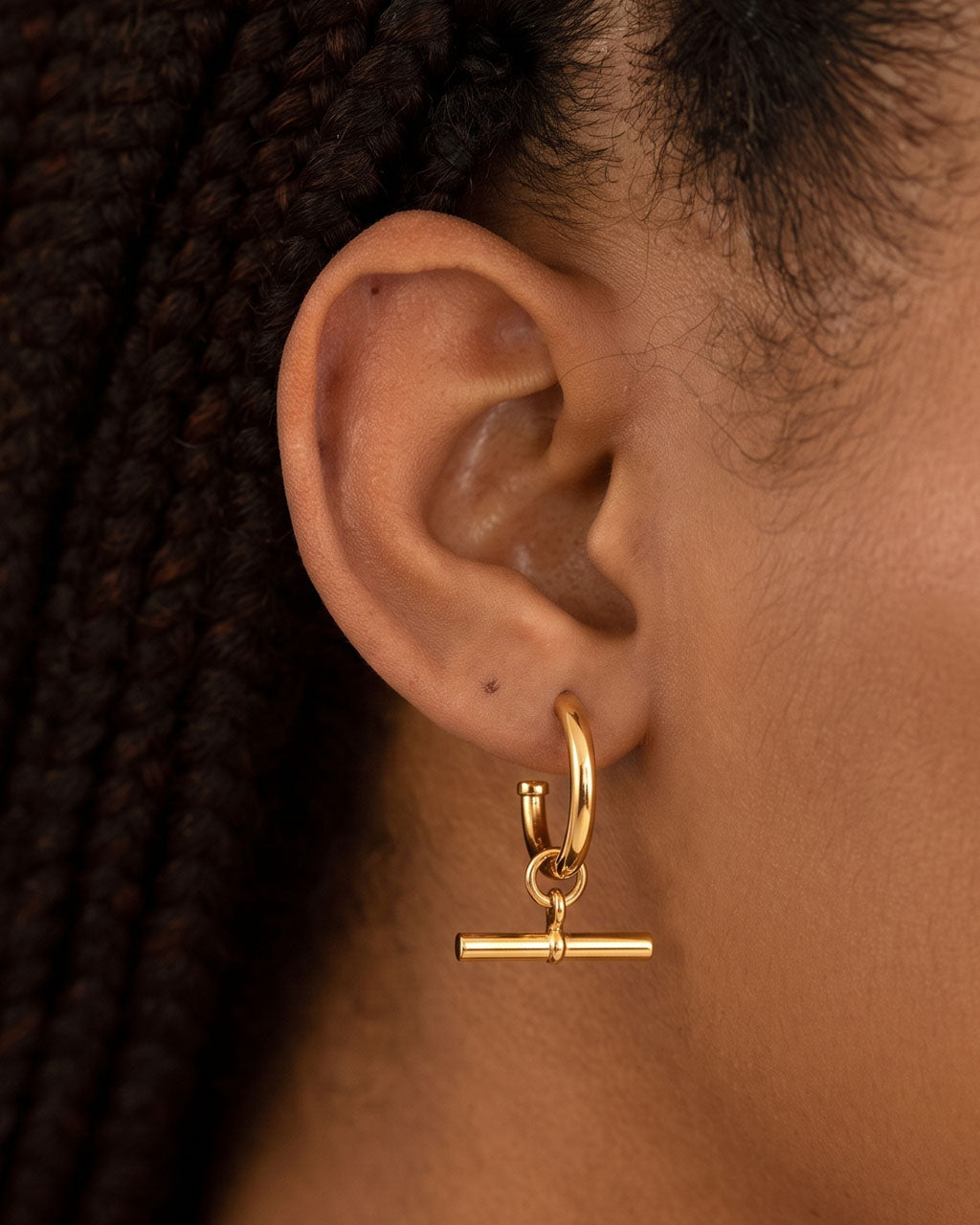 Chunky T Bar Drop Open Hoop Waterproof Gold Earrings