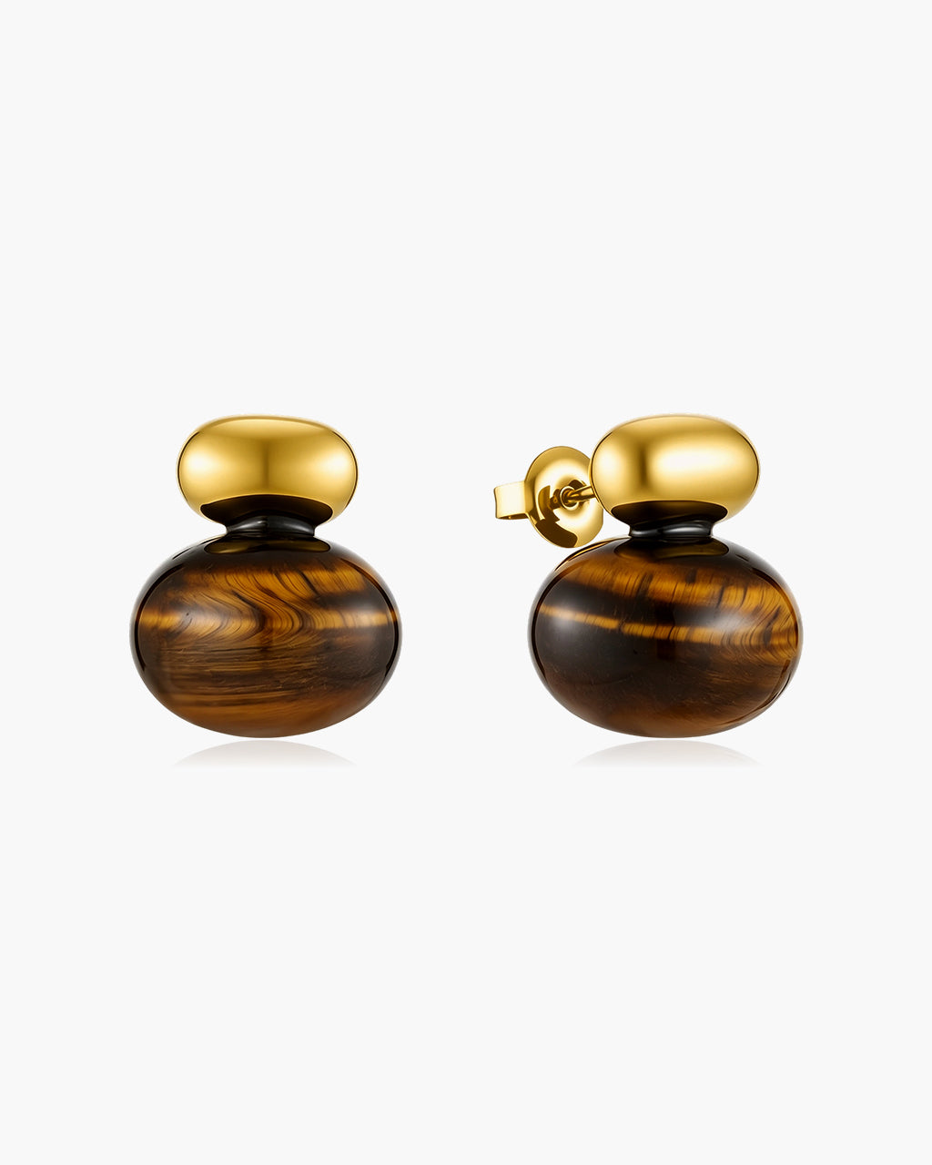 Chunky Tiger Eye Pebble Stud Waterproof Gold Earrings