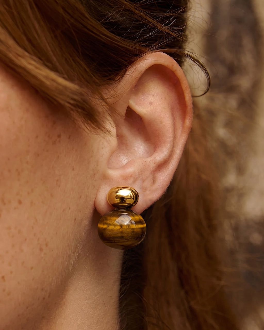 Chunky Tiger Eye Pebble Stud Waterproof Gold Earrings
