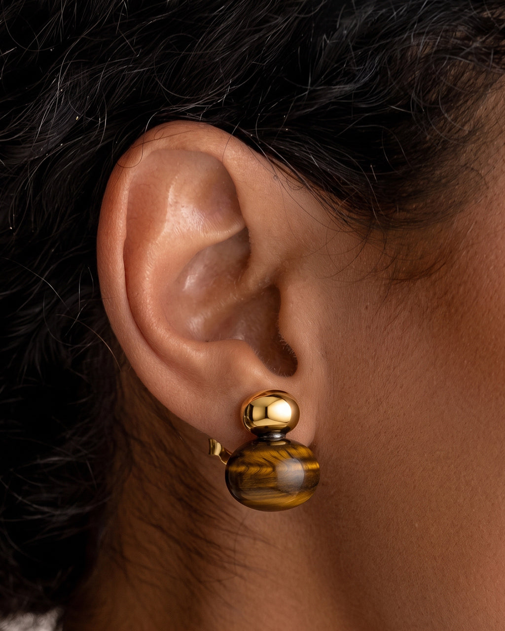 Chunky Tiger Eye Pebble Stud Waterproof Gold Earrings