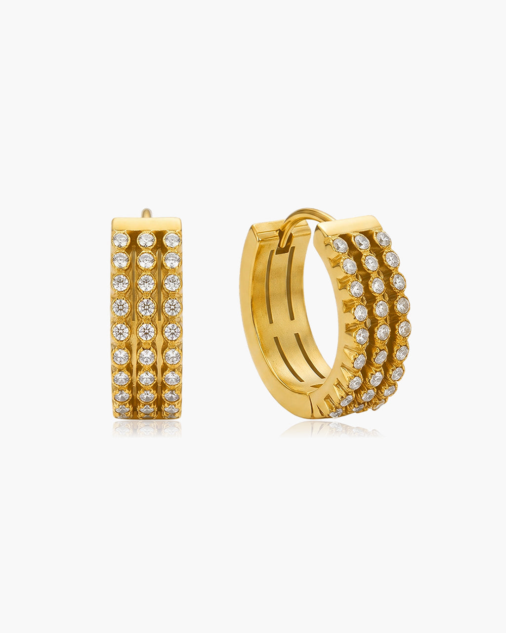 Chunky Triple Row Pavé Huggie Waterproof Gold Earrings