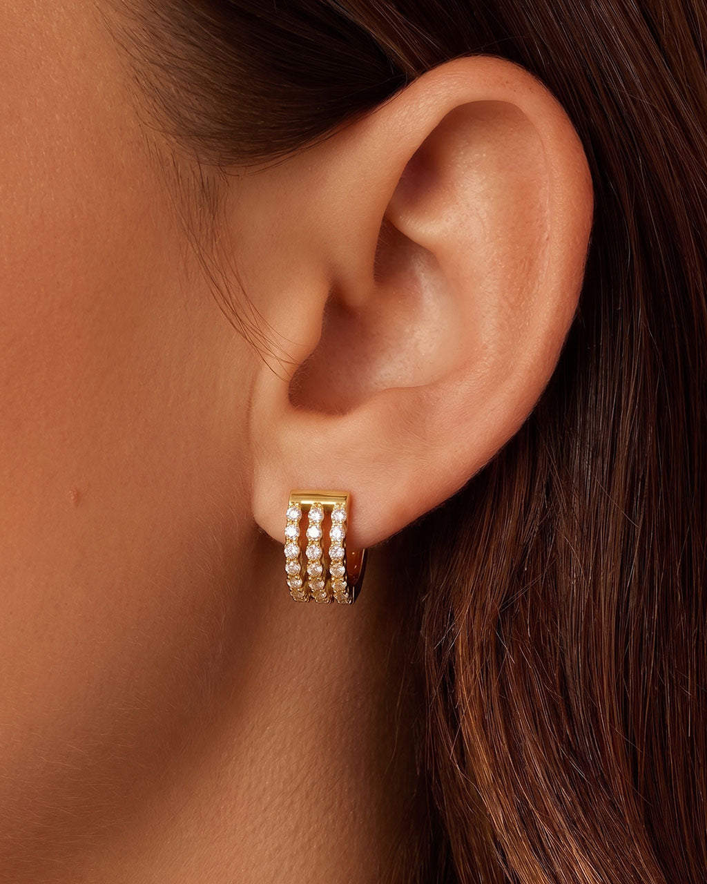 Chunky Triple Row Pavé Huggie Waterproof Gold Earrings